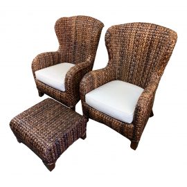Pottery Barn Havana Seagrass Wingback Chairs + Ottoman, a Pair