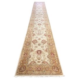 Extra Long Traditional Ivory + Tan Wool Runner - 2′6″ × 17′7″