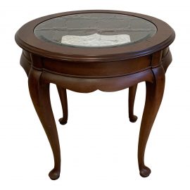 Queen Anne Style Round Wood + Glass Top Insert Side Table