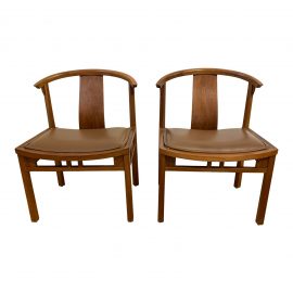 Mid-20th Century Style Asian Wood + Bonded Leather Chairs - a Pair