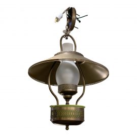 Mid-20th Century Frosted Glass + Metal Lantern Chandelier