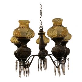Mid-20th Century 5-Light Amber Color Glass + Metal Chandelier
