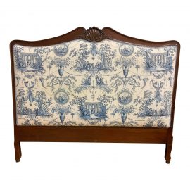 Queen Size Mahogany Wood Headboard + Toile Upholstery. Original Price: $2,500