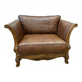 Bernhardt Country French Leather + Carved Fruitwood Vintage Oversize Chair. Original Price: $1,575