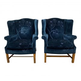 Drexel Heritage Velvet Blue Wingback Arm Chairs - a Pair
