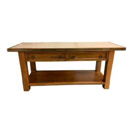 Early-20th Century Stone Top + Brass Trim Wood Console