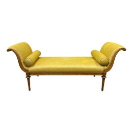 Mid 20th Century Custom Récamier French Style Yellow Bench + Bolster Cushions