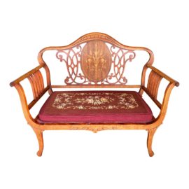 Early 20th Century Edwardian Bench + Needlepoint Cushion