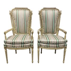 Mid 20th Century French Carved Painted + Upholstered Arm Chairs - a Pair