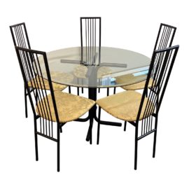 Late 20th-Century Italian Style Beveled Glass Table + Five Metal Chairs