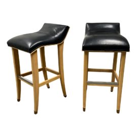 Late 20th Century Slope Leather & Wood Bar Stools - a Pair