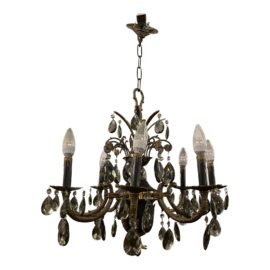 Mid 20th Century Spanish Smoked Crystal + Brass Eight Light Chandelier