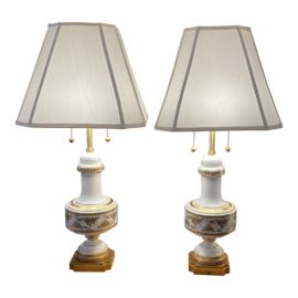 Stiffel Hollywood Regency White + Gold Table Lamps - a Pair