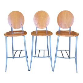 Cherry Finish & Aluminum Base Barstools - Set of 3