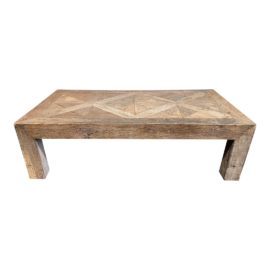 Kathy Kuo Home Birkby Rustic Lodge Natural Elm Parquet Square Coffee Table. Original Price: $2,388
