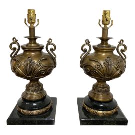 Maitland Smith Brass Urn + Stone Table Lamps - a Pair