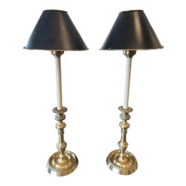 Bittner's Brass Candlestick + Black Shaded Lamps - a Pair