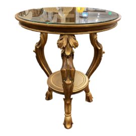 Late 20th Century Italian Wood + Glass Two Level Ornate Side Table
