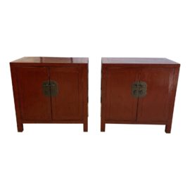 Mid 20th Century Chinese Ox Blood Red Lacquered Cabinet - a Pair