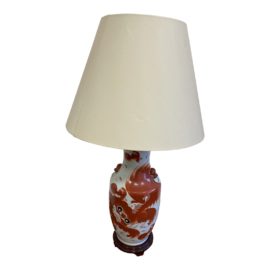 Mid 20th Century Chinese Painted Lamp With Wood Base + Silk Shade