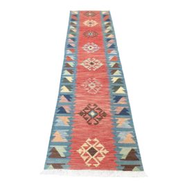 Red and Blue Turkish Kilim Runner - 2′6″ × 10′6″