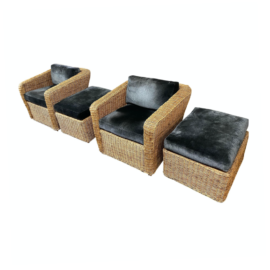 Ink Slate Upholstered Rattan Arm Chairs + Ottomans - 4 Pieces