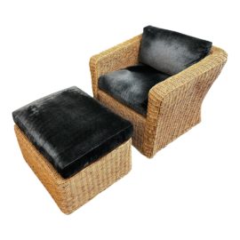 Ink Slate Blue Custom Upholstered Rattan Arm Chair + Ottoman