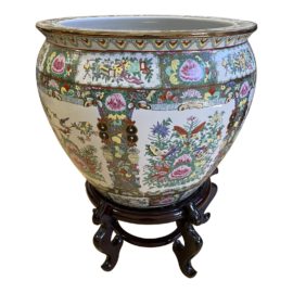 Antique Hand Painted Rose Medallion Porcelain Bowl + Wood Stand