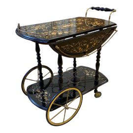 Mid 20th Century Italian Marquetry Beverage Cart Black + Gold