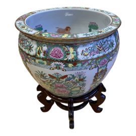 Antique Medium Hand Painted Rose Medallion Porcelain Bowl + Wood Stand