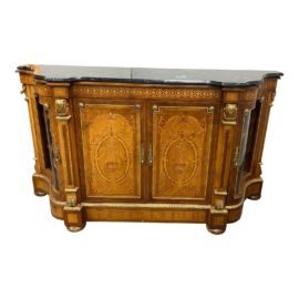 Early 20th Century Wood Inlay Glass + Brass Curved Marble Top Sideboard