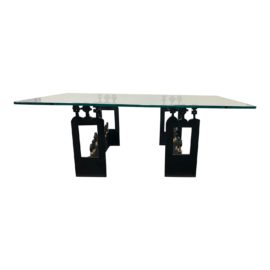 African Custom Design Hand Forged Iron Base + Glass Top Coffee Table