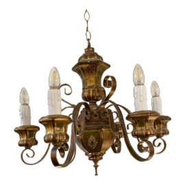 Mid 20th Century Florentine Gold + Green Turned Ceramic Chandelier
