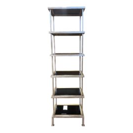 Maitland-Smith Metal Gold Finish + Black Glass Etagere. Original Price: $2,000