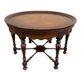 Mid 20th Century Round Burl Wood + Mahogany Turned Leg Occasional Table