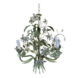 Antique French 5-Light Floral Metal Green Tole + Crystal Chandelier
