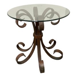 Late 20th Century Iron Scroll Base + Round Glass Top Side Table