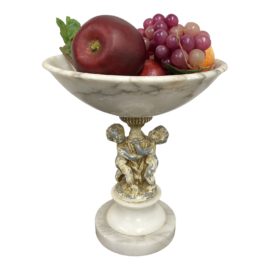 Early 20th Century Bronze + Marble Pedestal Bowl & Faux Fruit