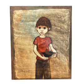 Mid 20th Century Josette Faguet Original Oil Painting, "Boy With Bird" + Signed