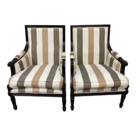 Custom Design Bergere Striped Tan + Umber Linen Arm Chairs - a Pair