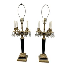 Early 20th Century Candelabra Black + Brass Table Lamps - a Pair
