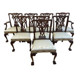 Chippendale Style Silk Upholstered Dining Chairs - Set of Eight