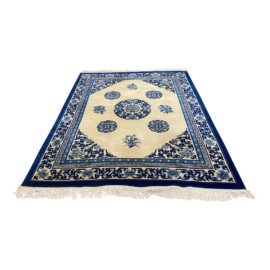 Chinese Blue & White Wool Area Rug - 8′1″ × 10′4″