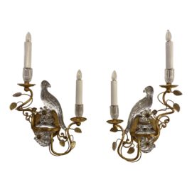 Early 20th Century French Gold Gilt + Glass Bird Sconces - a Pair