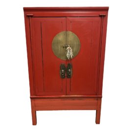 Mid 20th Century Chinese Red Lacquer + Oiled Brass Armoire
