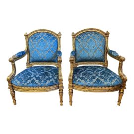 Louis XVI Empire Style Gold Gilt + Cut Velvet Arm Chairs - a Pair