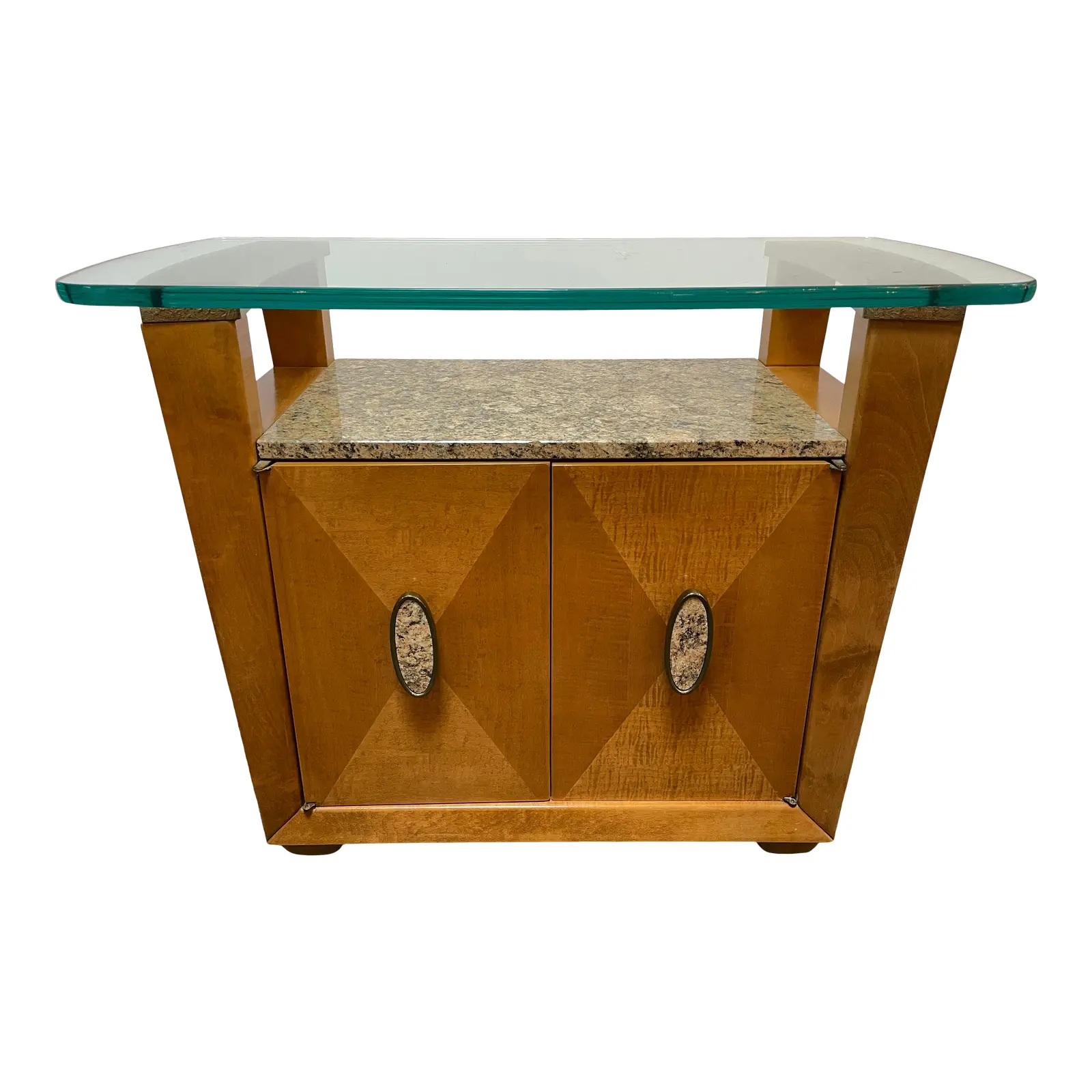 Henredon Glass Nightstand With Maple Inlay Cabinet and Rose Granite