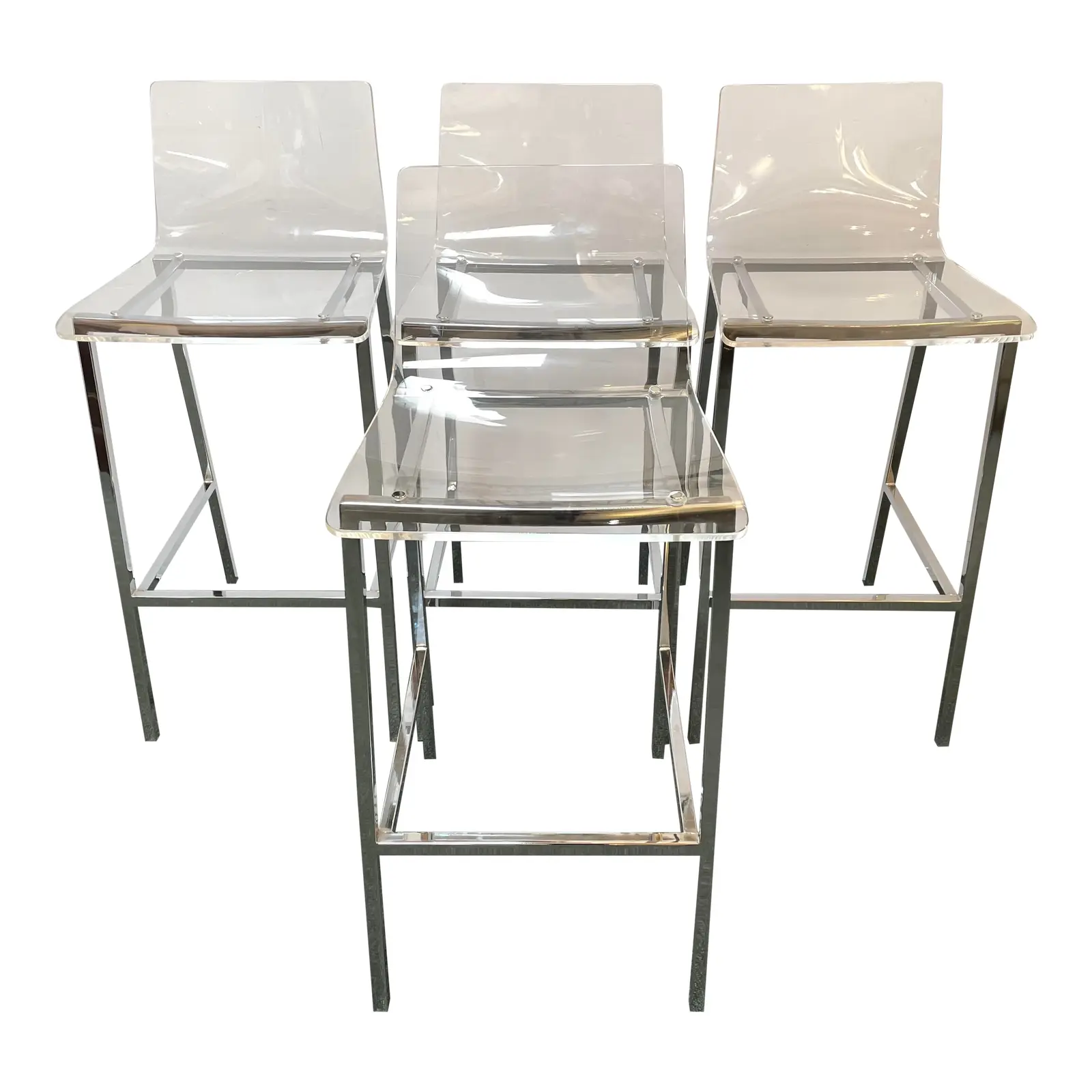 CB2 Set of 4 Lucite + Chrome Bar Stools. Original Price: $996