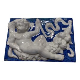 Mid 20th Century Cherub Blue + White Ceramic Decorative Wall Tile