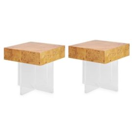 Jonathan Adler Acrylic + Burl Wood Bond Side Tables - a Pair. Original Price: $3,000